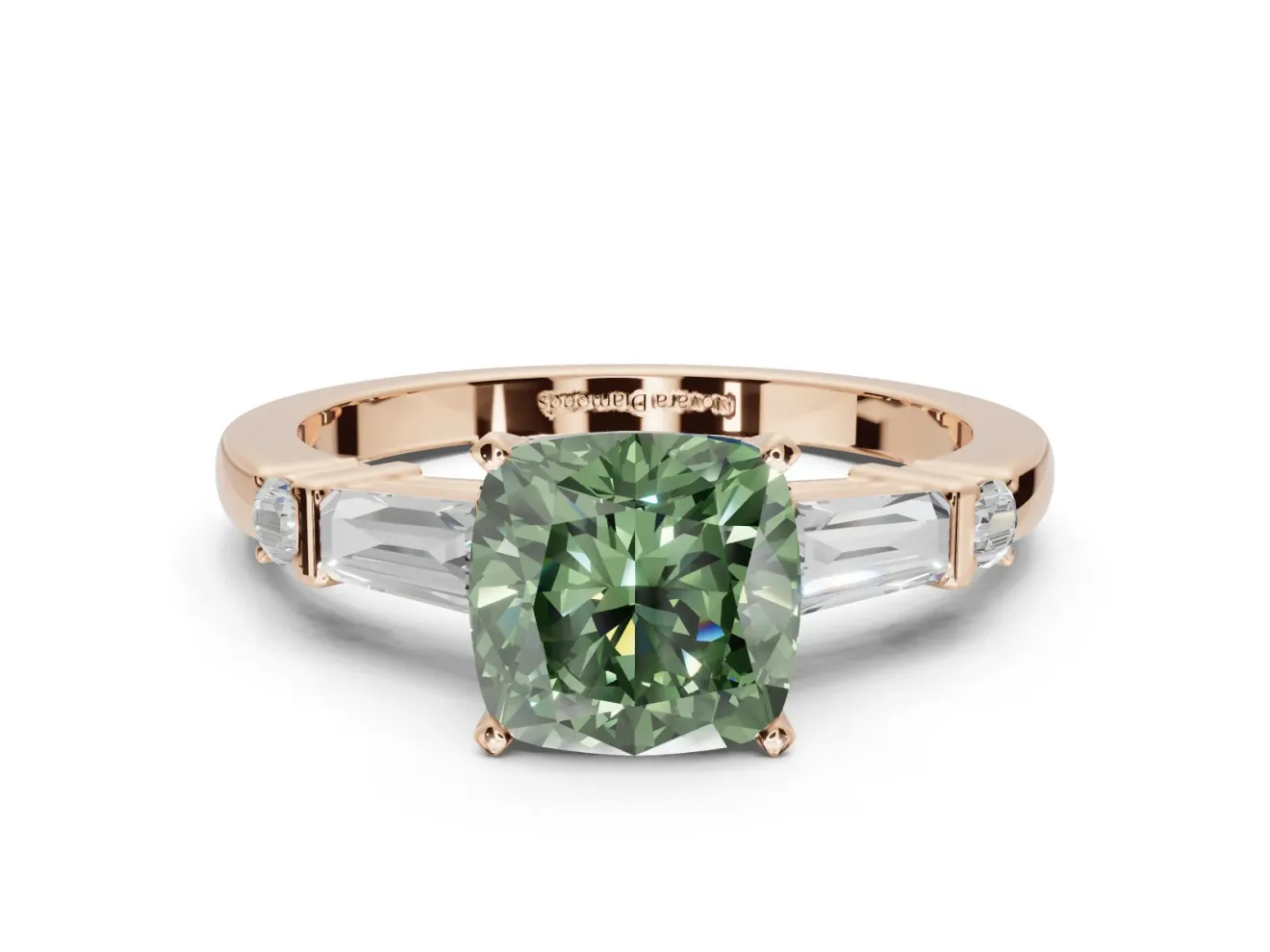 Cushion Cut Tapered Baguette Engagement Ring Setting for a Fancy Green Lab-Grown Diamond | Rose Gold