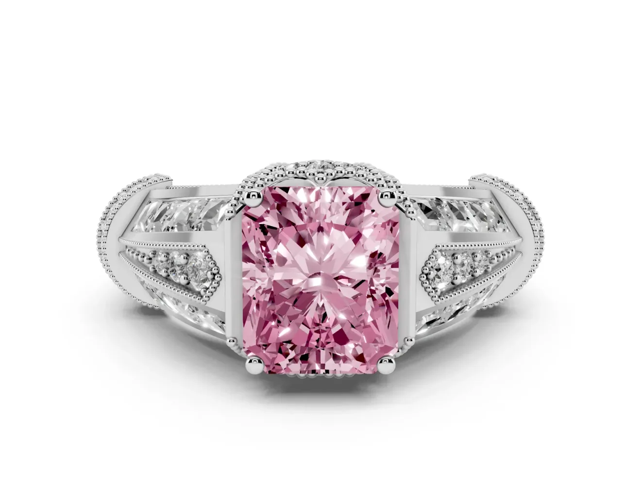 Fancy Pink Radiant Cut Diamond Vintage-Inspired Milgrain Ring Set in White gold with Accent Split Shank