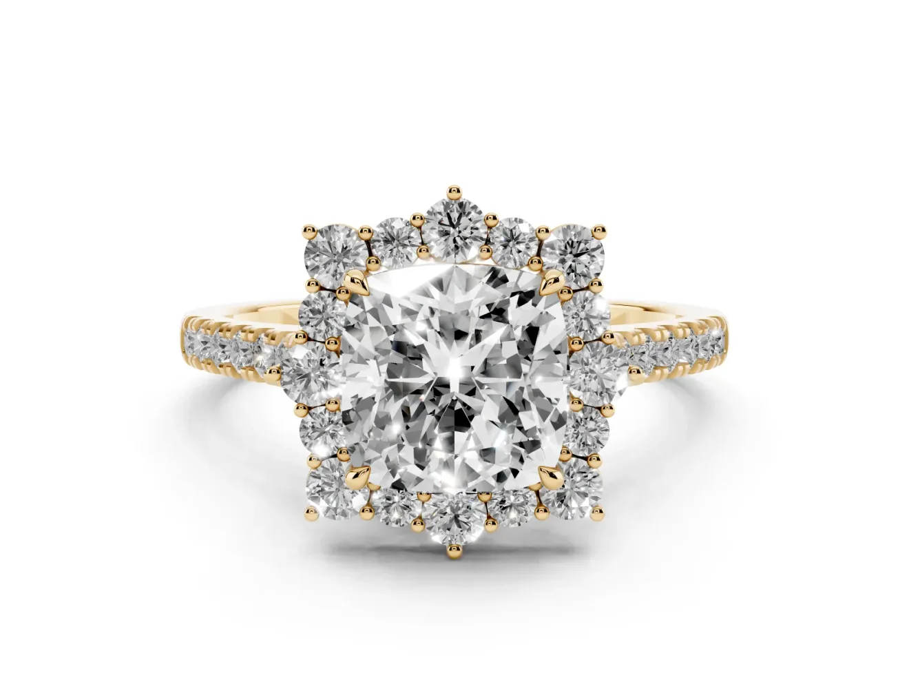 Cushion Cut Scalloped Halo Engagement Ring Setting | Single Row Pave | Yellow Gold