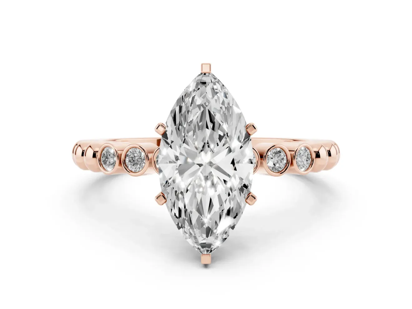 Marquise Cut Diamond Solitaire Engagement Ring Set in Rose gold with Bezel Accents on Beaded Band