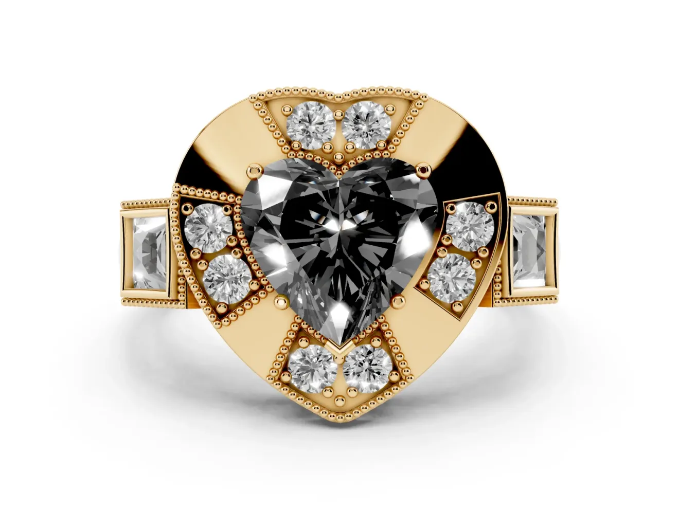 Heart-Shaped Milgrain Sectioned Halo Engagement Ring Setting for a Black Center | Yellow Gold