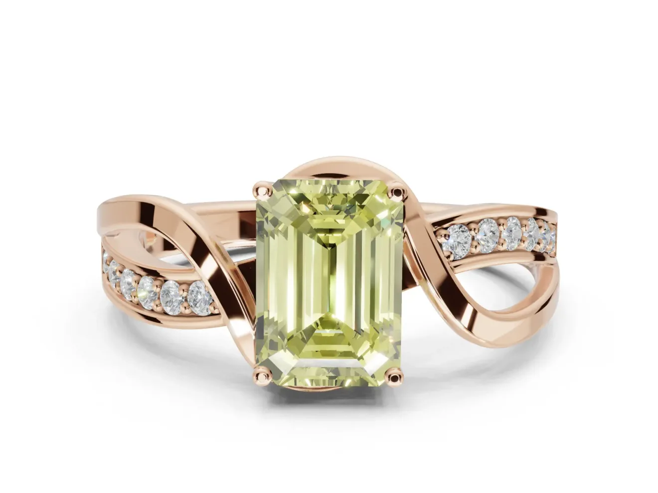 Emerald Cut Bypass Solitaire Engagement Ring Setting for a Fancy Yellow Lab-Grown Diamond | Pavé Strands | Rose Gold