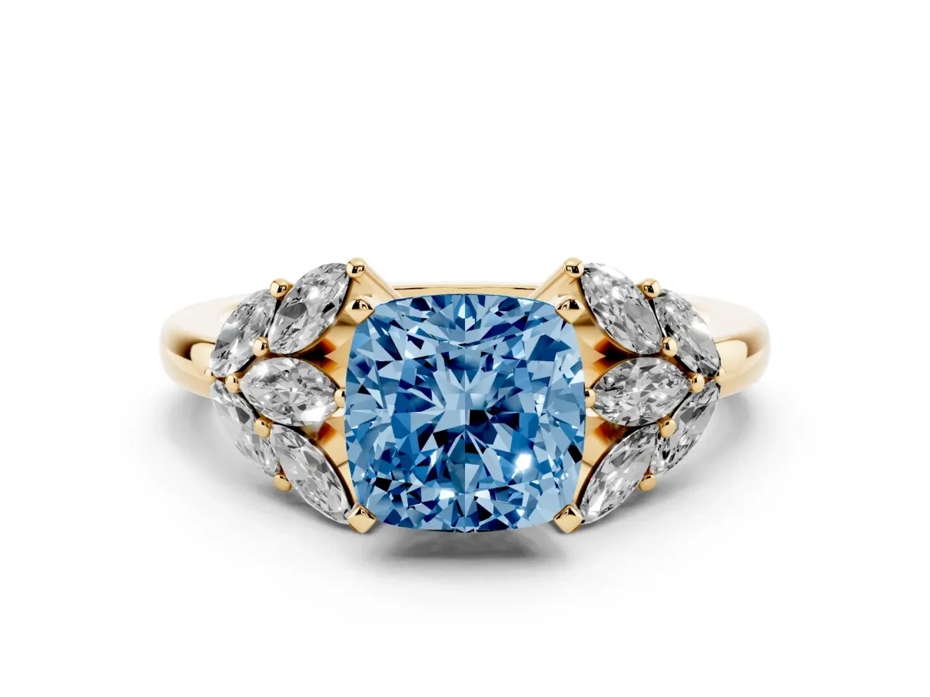 Fancy Blue Cushion Cut Diamond Cluster Leaf Design Ring Set in Yellow gold with Prong Setting