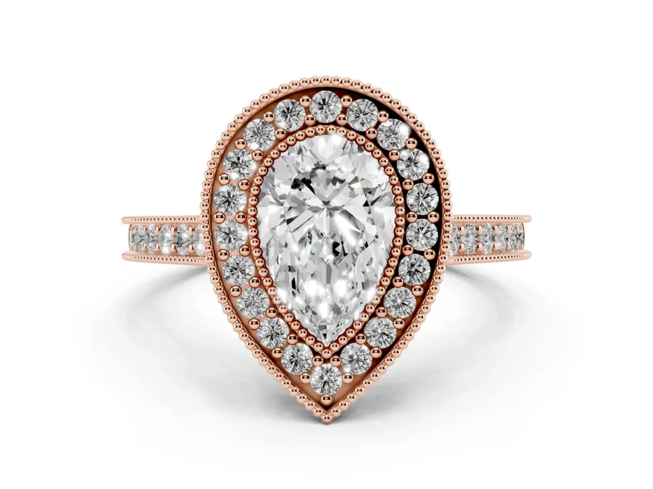 Pear-Shaped Vintage Milgrain Halo Engagement Ring Setting | Bezel Head | Rose Gold