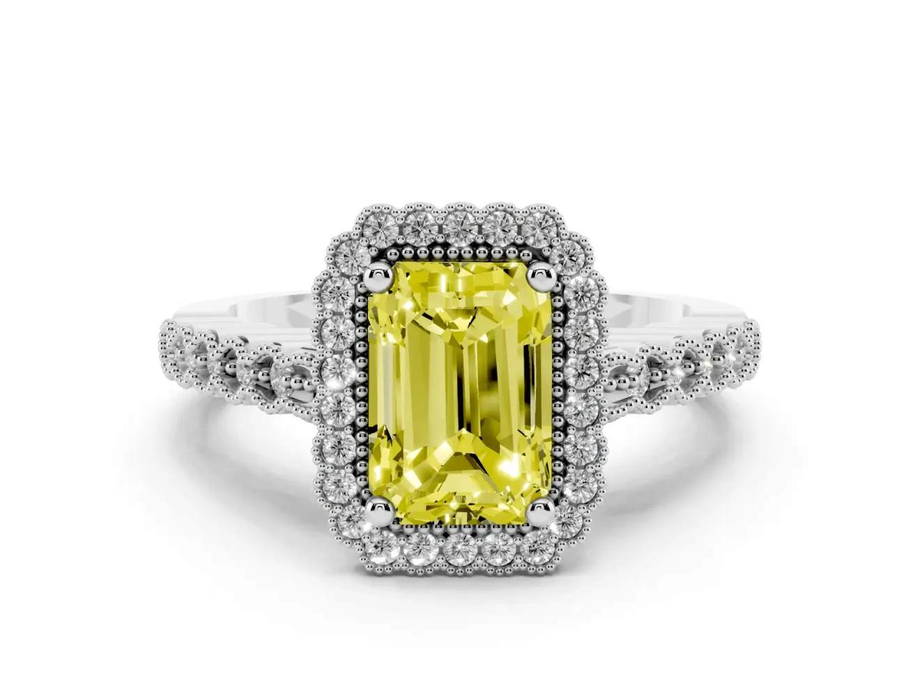 Radiant Cut Milgrain Halo Engagement Ring Setting for a Fancy Yellow Lab-Grown Diamond | Beaded Shoulders | White Gold