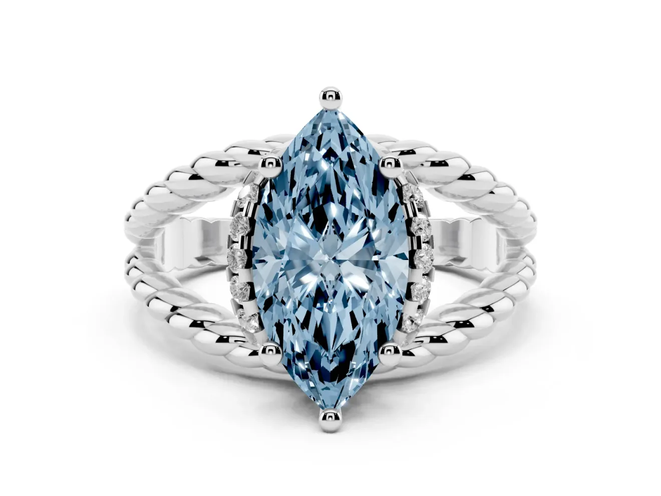 Fancy Blue Marquise Cut Diamond Halo Ring Set in White gold with Twisted Band and Prong Setting