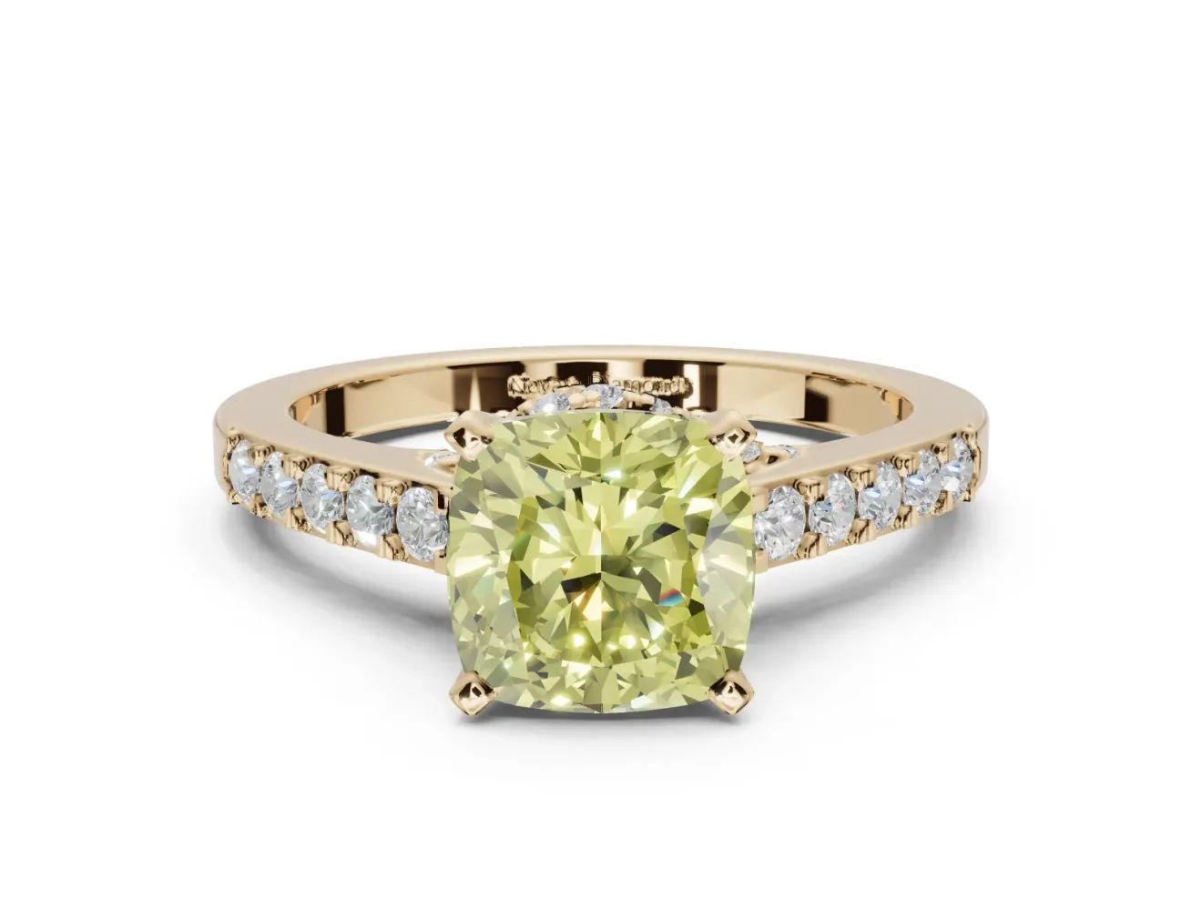 Cushion Cut Pavé Engagement Ring Setting for a Fancy Yellow Lab-Grown Diamond | Crossover Gallery | Yellow Gold