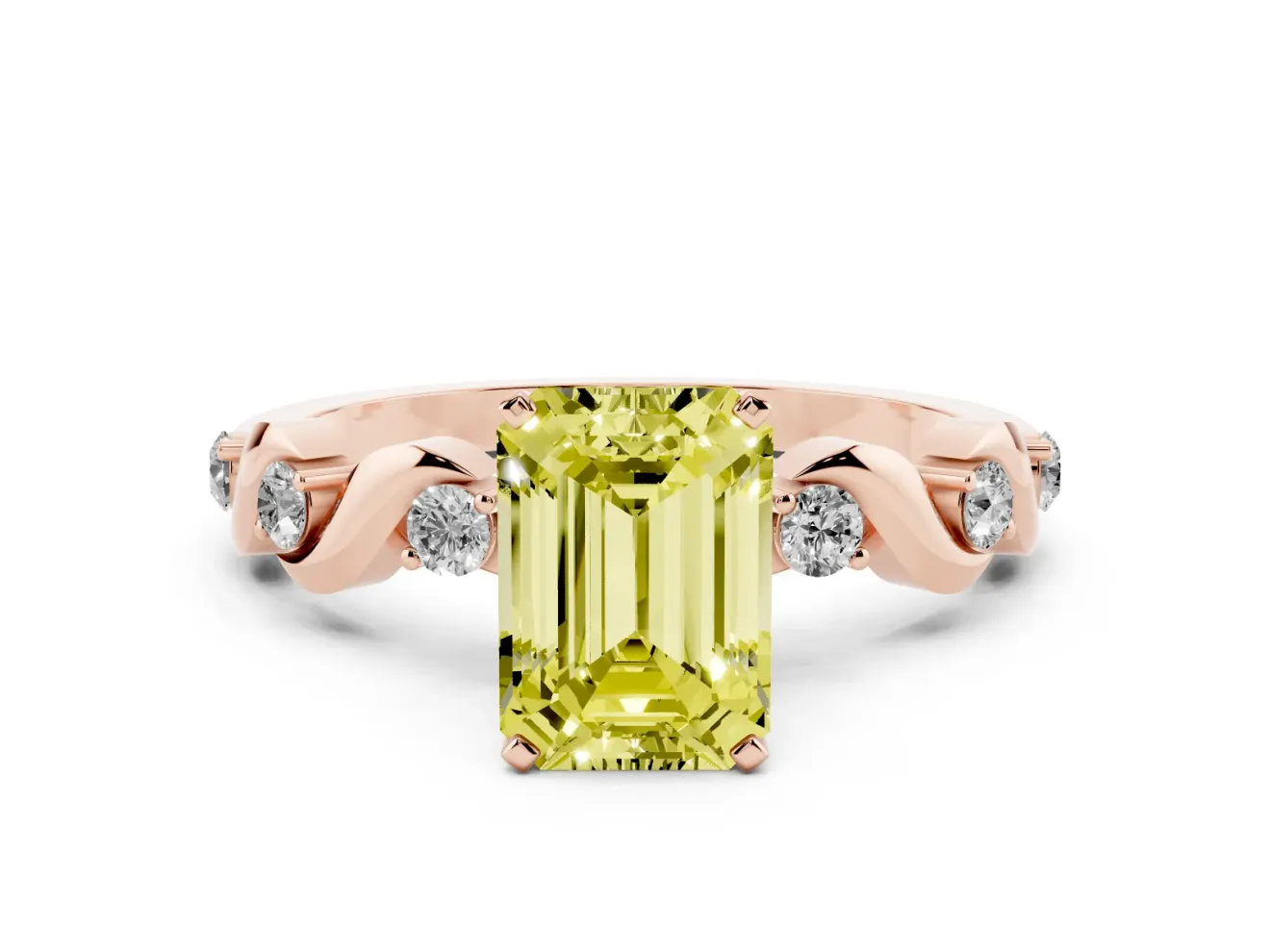Fancy Yellow Emerald Cut Diamond Solitaire Ring Set in Rose gold with Ribbon Twist Band, Round Accents and Prong Setting