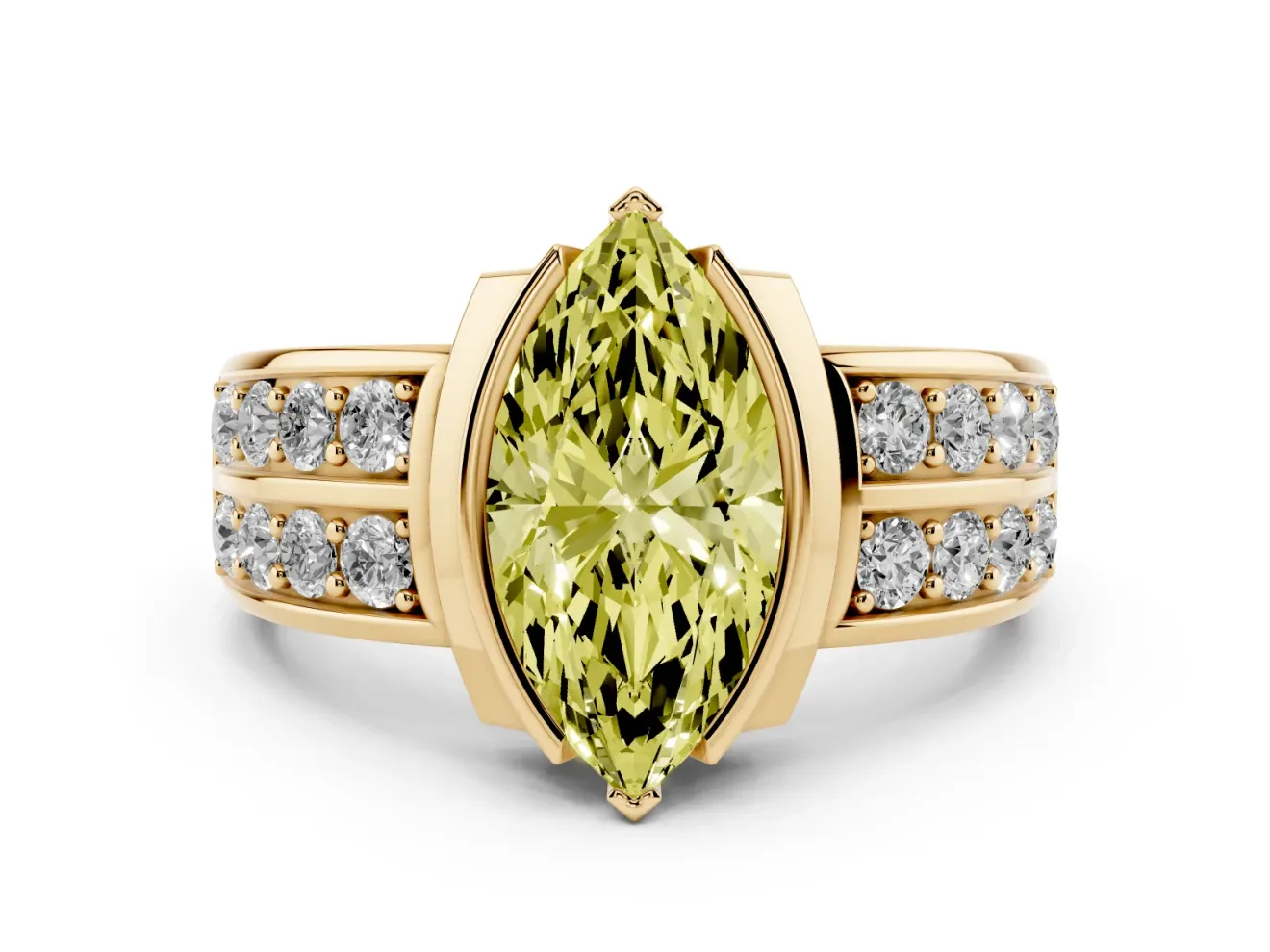 Marquise Half Bezel Engagement Ring Setting for a Fancy Yellow Lab-Grown Diamond | Double Row Channel Band | Yellow Gold