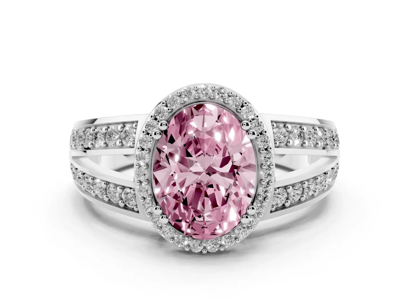 Fancy Pink Oval Cut Diamond Halo Ring Set in Silver with Double Pavé Split Shank