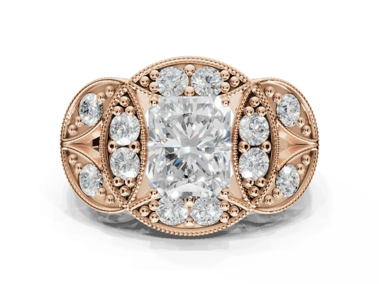 Radiant Cut Vintage Floral Halo Engagement Ring Setting | Engraved Milgrain Band | Rose Gold