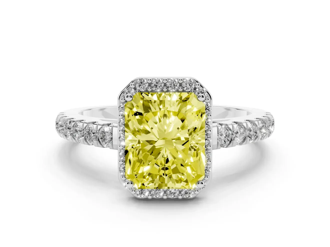 Fancy Yellow Radiant Cut Diamond Halo Engagement Ring Set in Silver with Pavé Band and Prong Setting