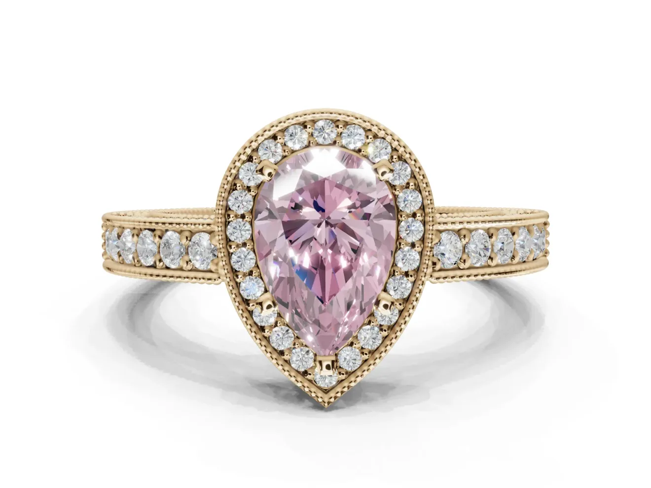 Pear-Shaped Milgrain Halo Engagement Ring Setting for a Fancy Pink Lab-Grown Diamond | Wide Pavé Band | Yellow Gold