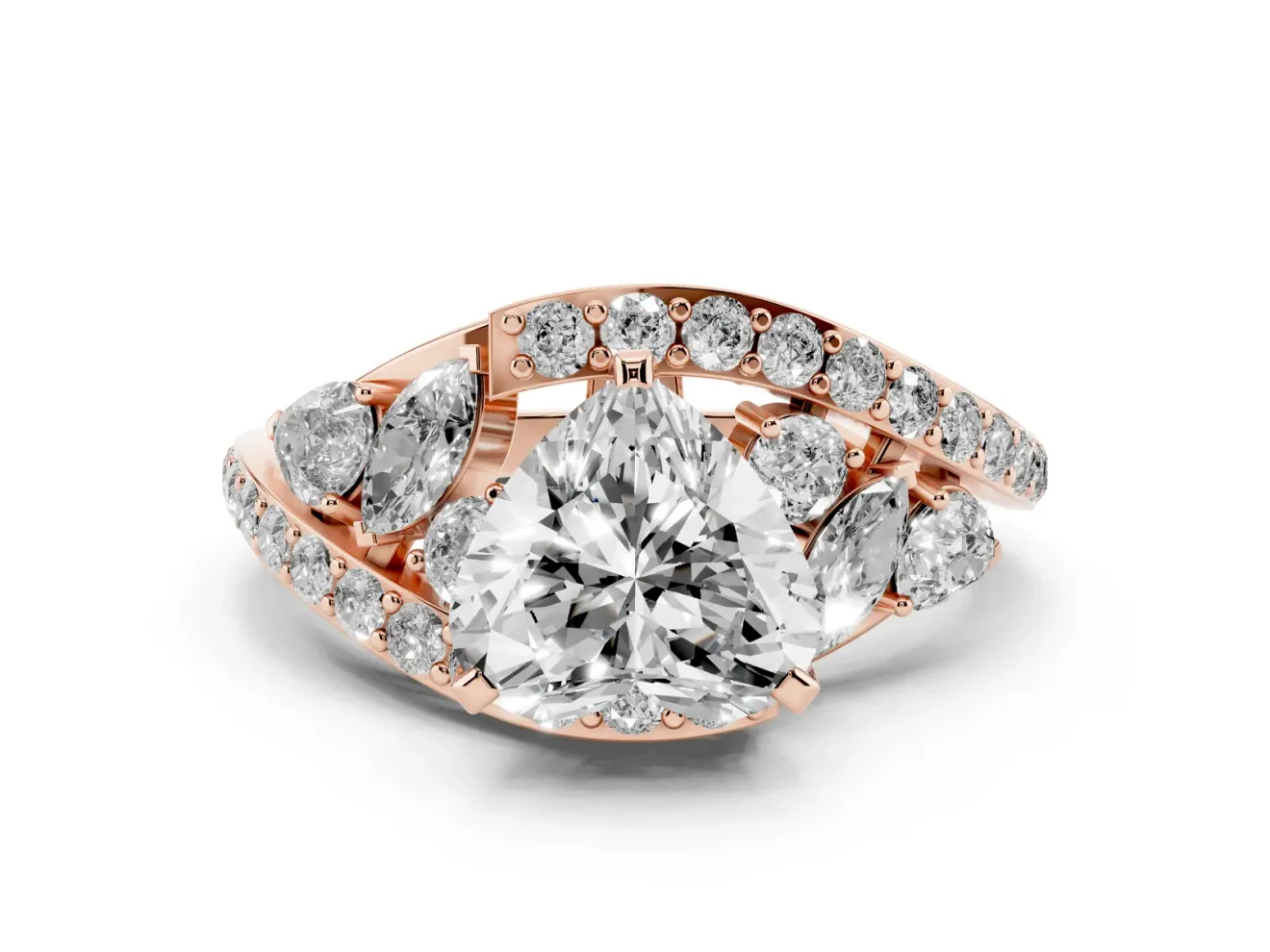 Heart Cut Diamond Halo Ring Set in Rose gold with Marquise and Pavé Band in Prong Setting