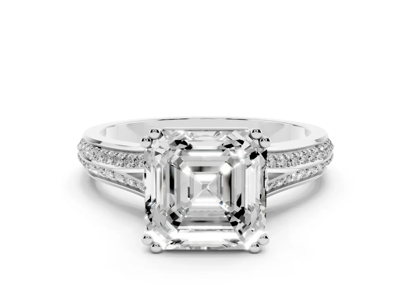 Asscher Cut Pave Split Shank Engagement Ring Setting | Double Claw Prongs | Platinum