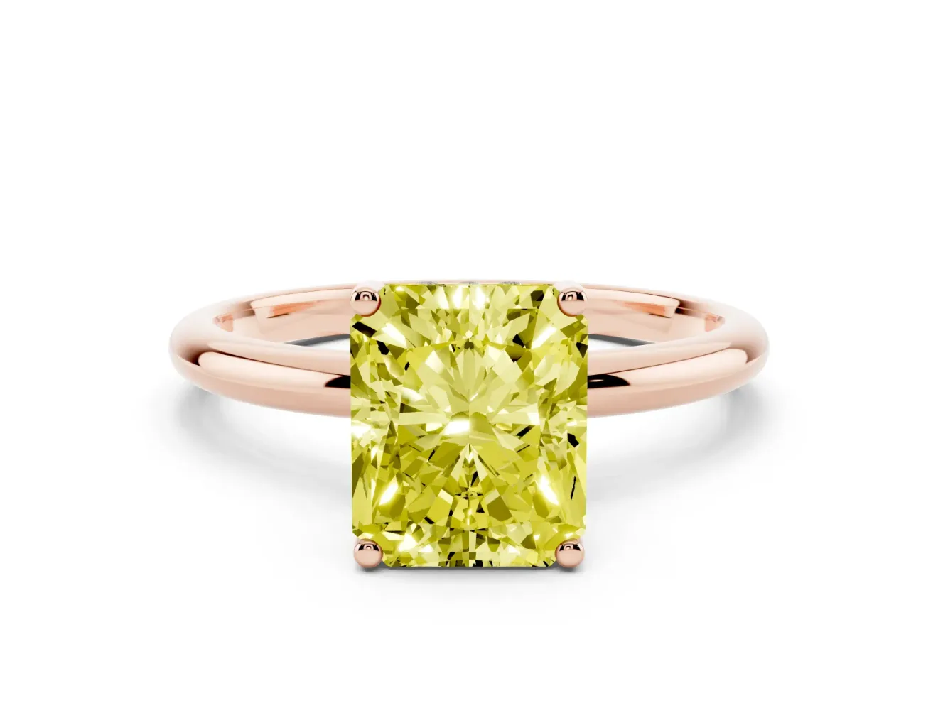 Fancy Yellow Radiant Cut Diamond Solitaire Engagement Ring Set in Rose gold with Prong Setting and Polished Band