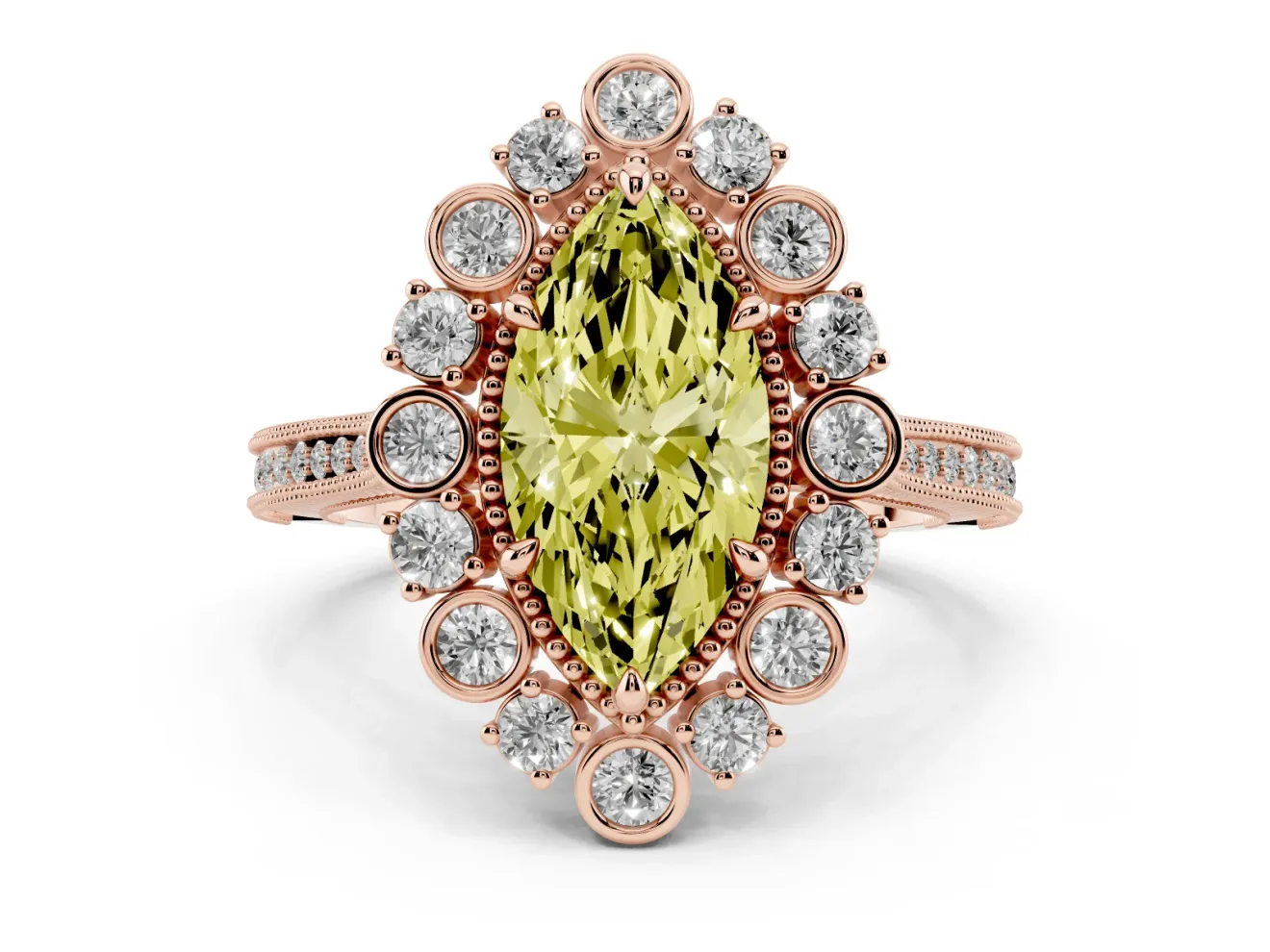Fancy Yellow Marquise Cut Diamond Halo Milgrain Pavé Ring Set in Rose gold with Prong Setting