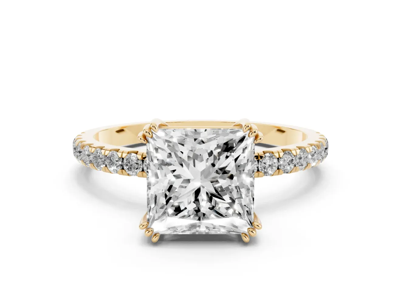 Princess Cut Pave Solitaire Engagement Ring Setting | Double Claw Prongs | Yellow Gold