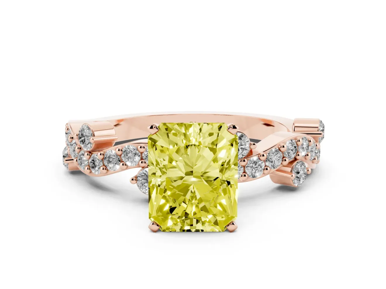 Radiant Cut Twisted Pavé Engagement Ring Setting for a Fancy Yellow Lab-Grown Diamond | Bar Stations | Rose Gold