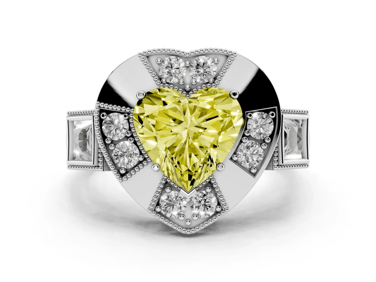 Fancy Yellow Heart Cut Diamond Milgrain Halo Ring Set in White gold with Split Shank