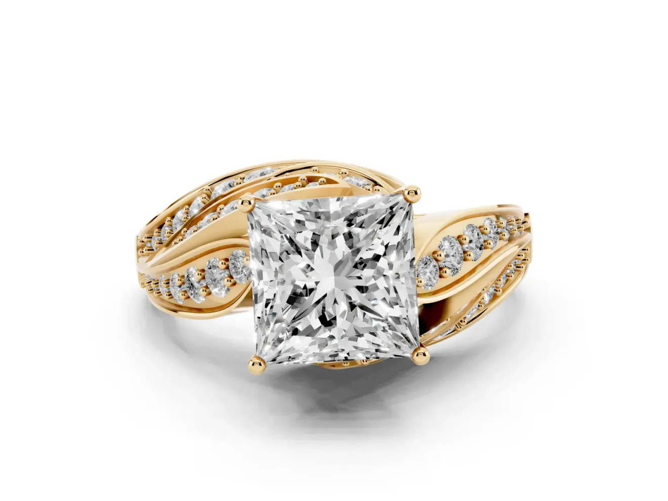 Princess Cut Diamond Solitaire Ring Set in Yellow gold with Layered Twist Pavé Band