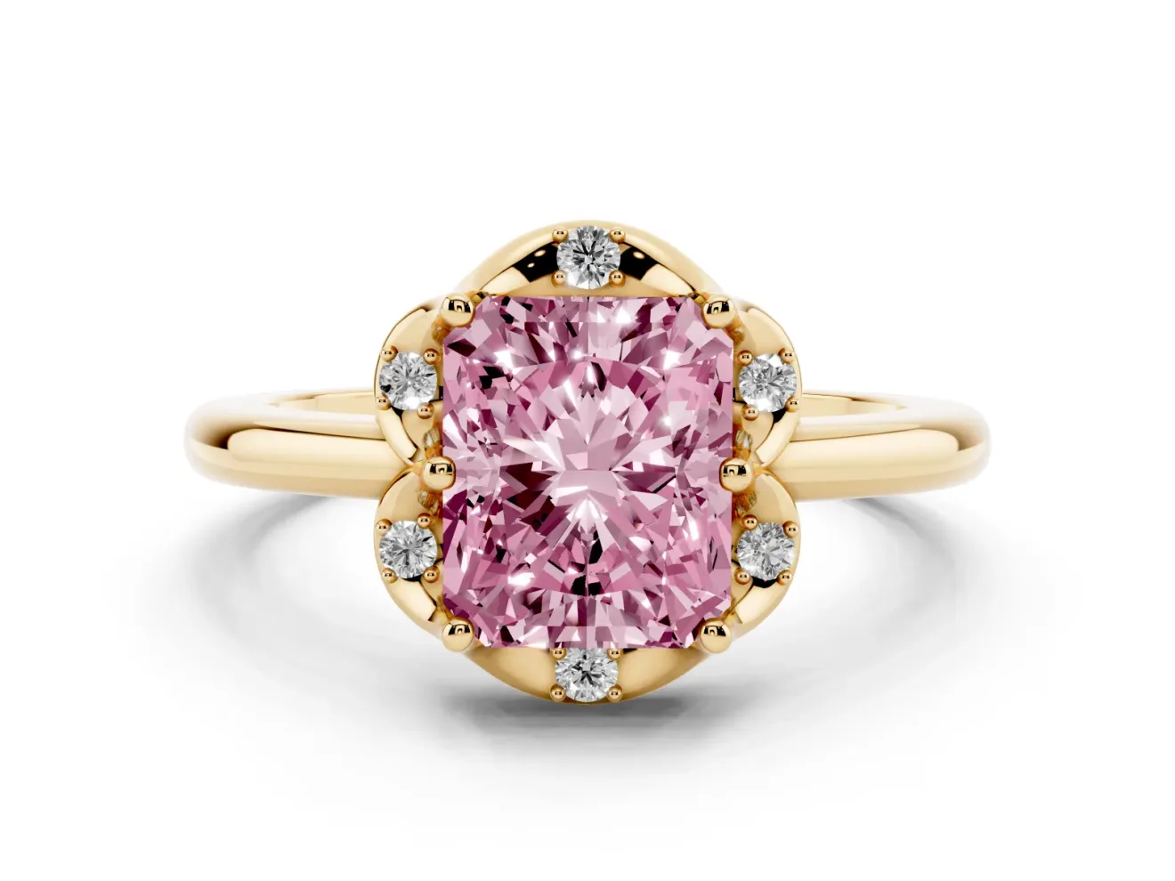 Radiant Cut Petal Halo Engagement Ring Setting for a Fancy Pink Lab-Grown Diamond | Yellow Gold