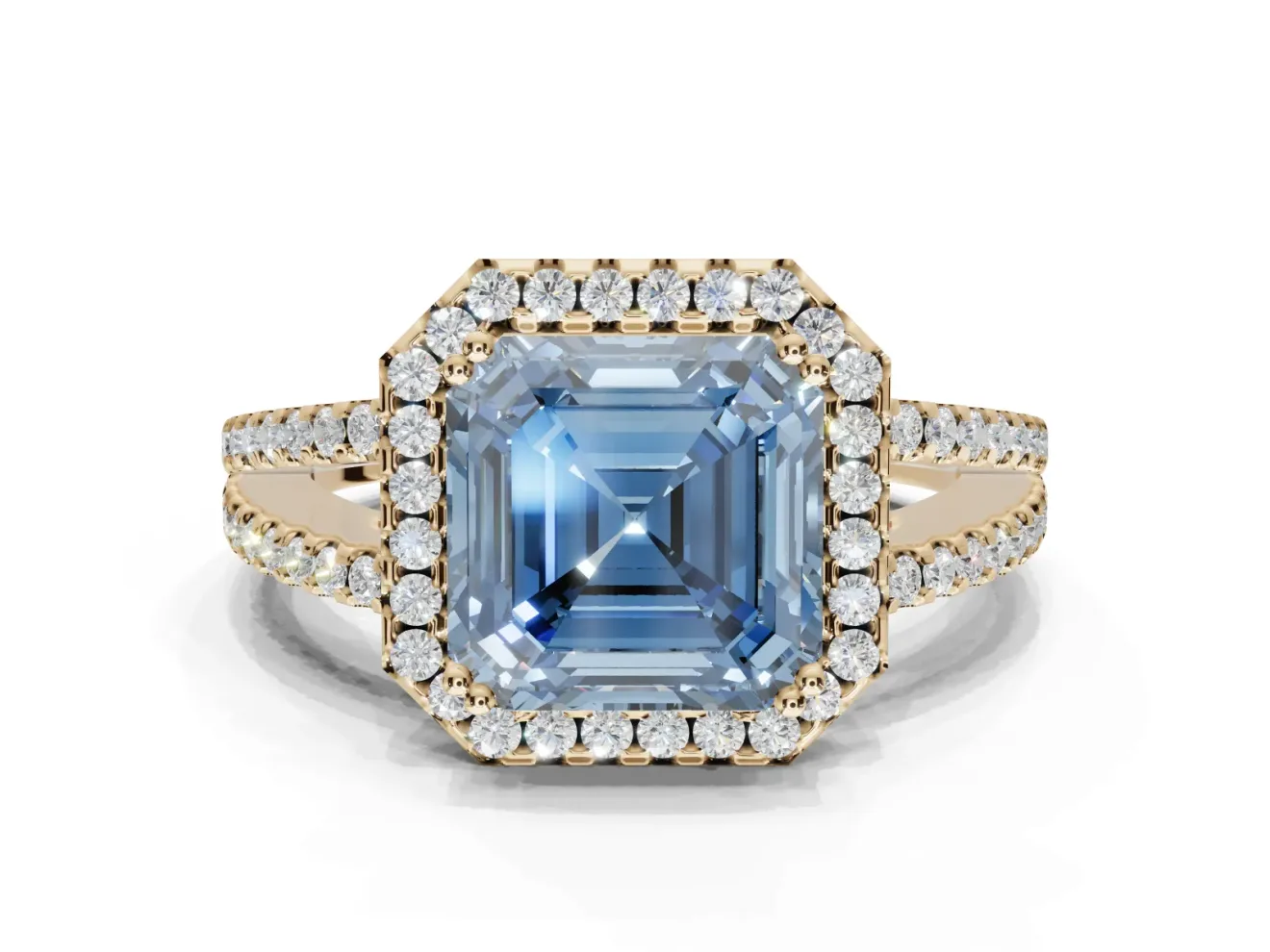 Asscher Cut Halo Split Shank Engagement Ring Setting for a Fancy Blue Lab-Grown Diamond | Pavé Shoulders | Yellow Gold