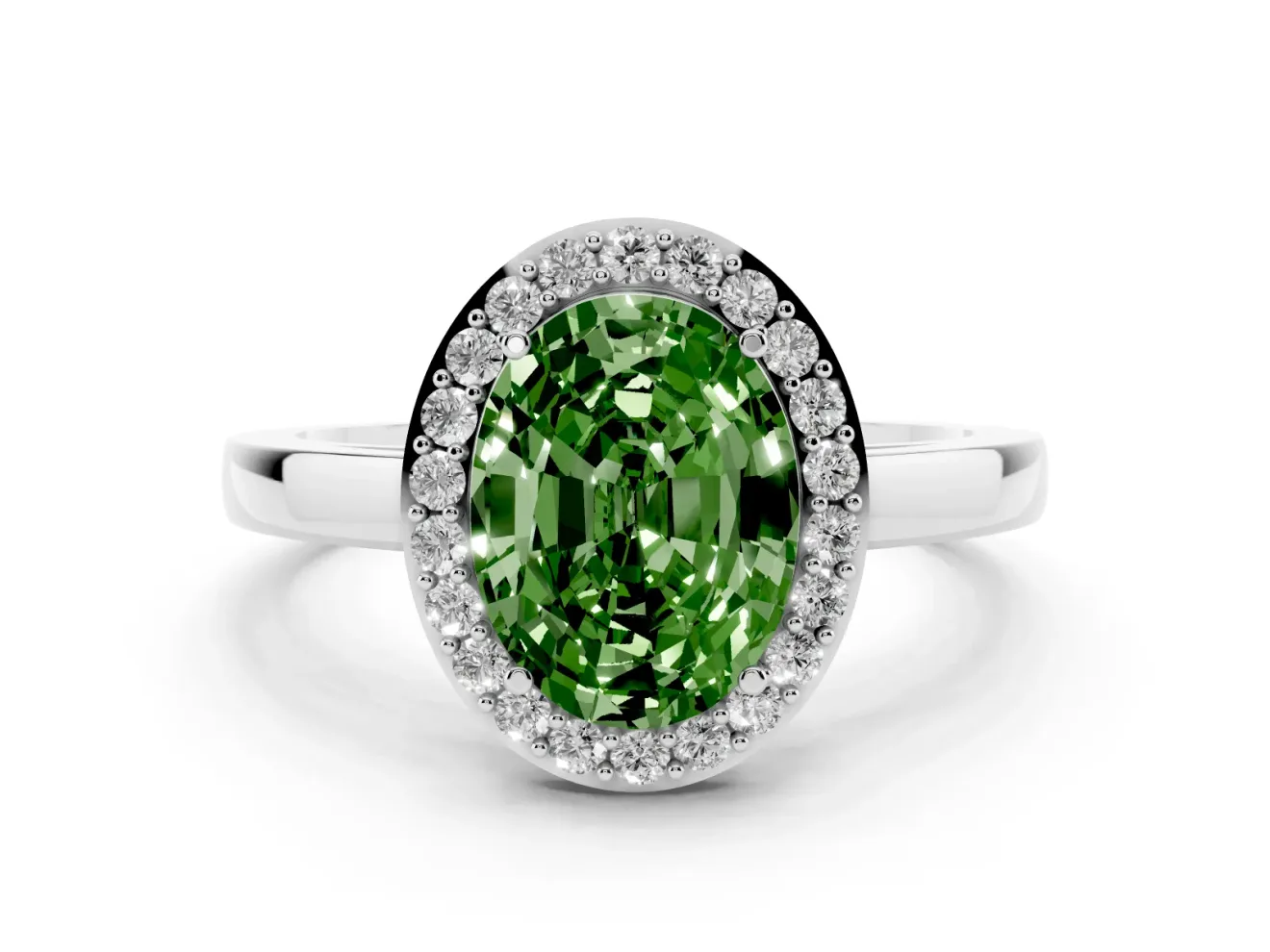Fancy Green Oval Cut Diamond Halo Ring Set in Silver with Solitaire Band and Prong Setting
