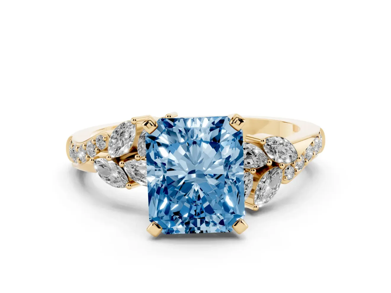 Fancy Blue Radiant Cut Diamond Solitaire Ring Set in Yellow gold with Marquise Twist Band and Prong Setting