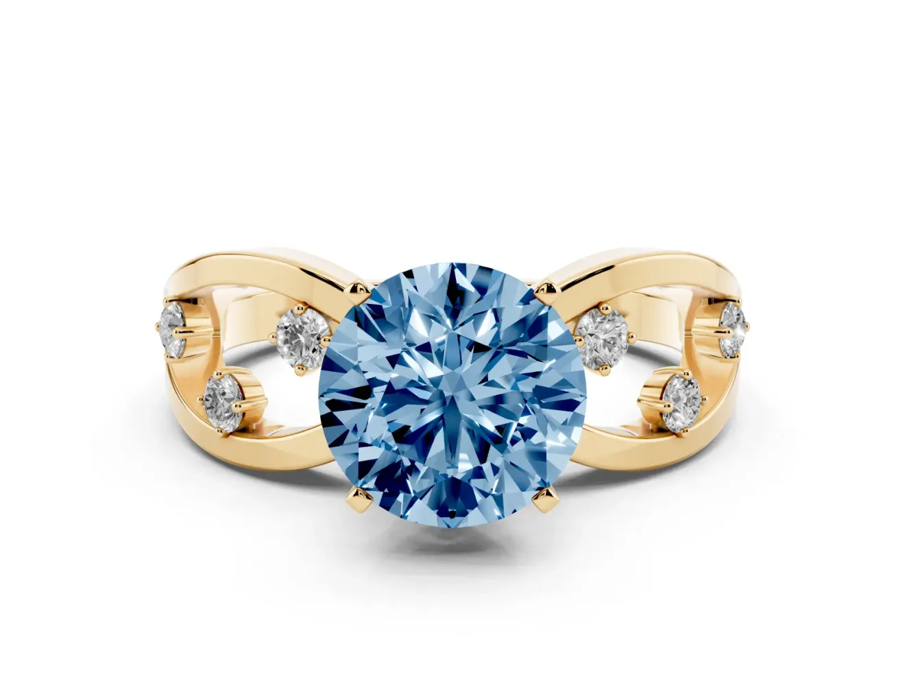 Fancy Blue Round Cut Diamond Solitaire Ring Set in Yellow gold with Side Stones on Criss-Cross Band and Prong Setting