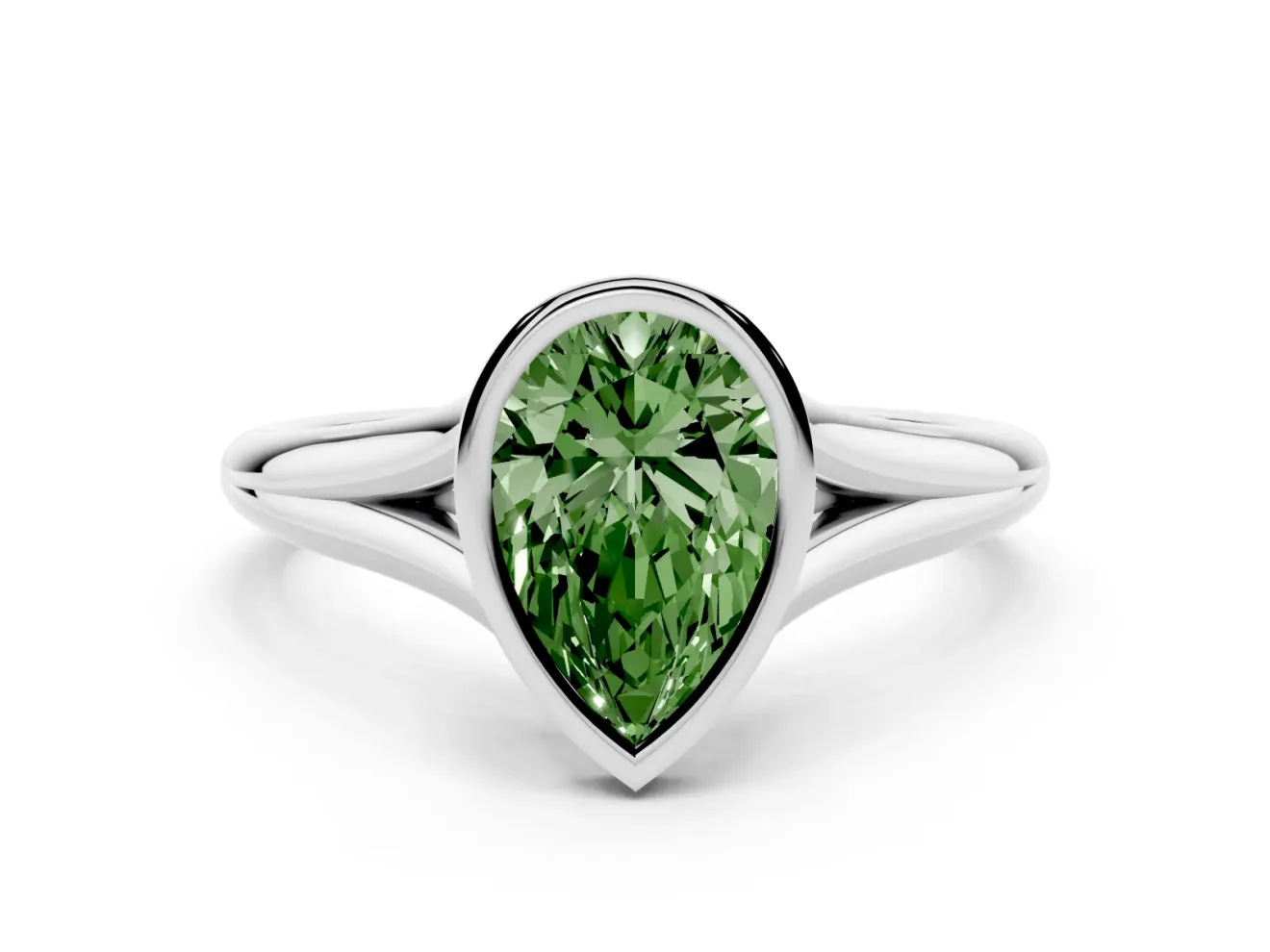Fancy Green Bezel Set Pear Cut Diamond Solitaire Ring Set in Silver with Tapered Band