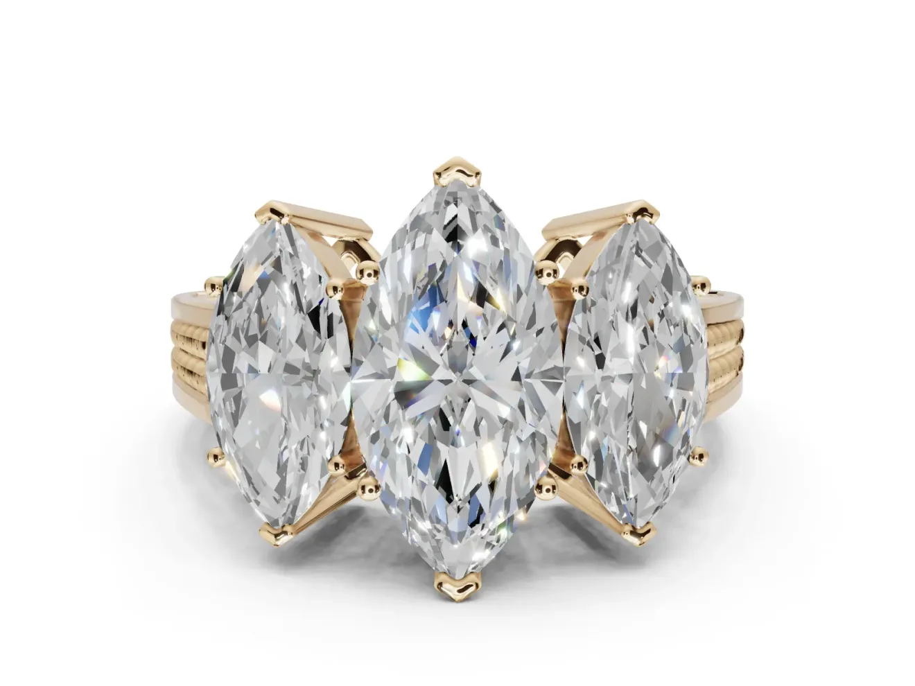Marquise Three Stone Engagement Ring Setting | Beaded Shoulders | Yellow Gold