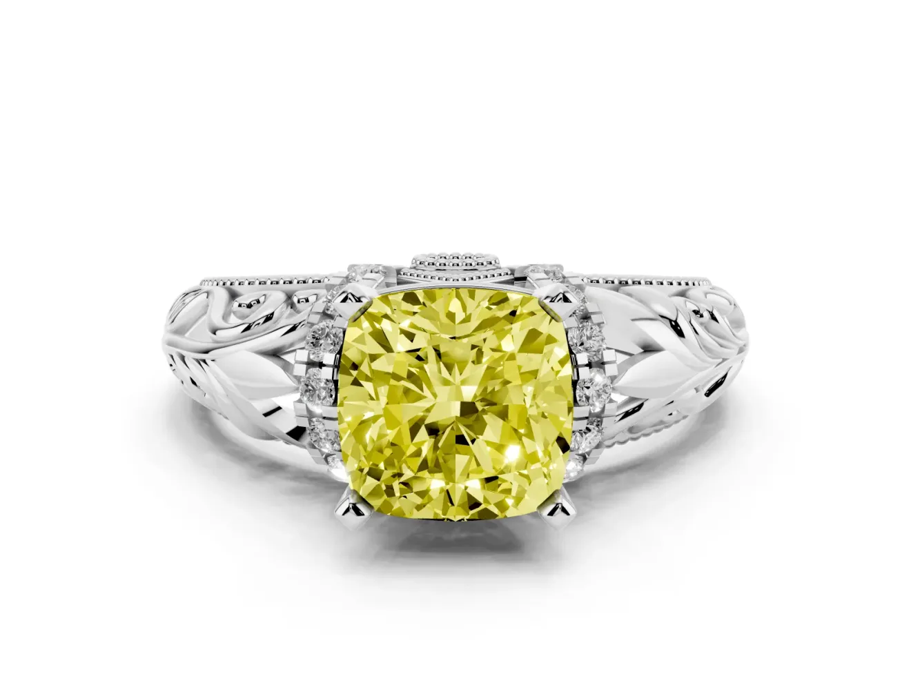 Cushion Cut Filigree Engagement Ring Setting for a Fancy Yellow Lab-Grown Diamond | Sterling Silver
