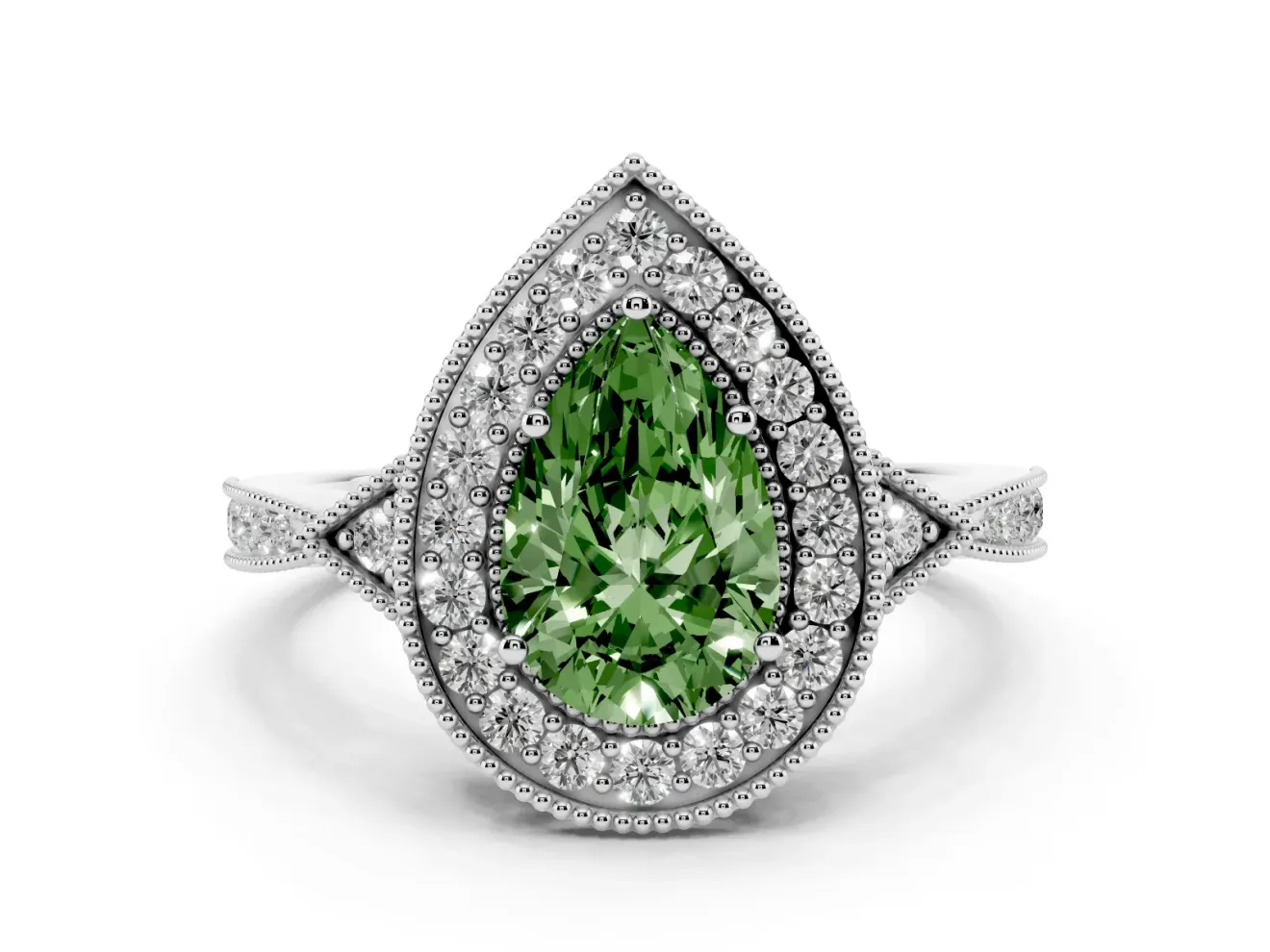 Pear-Shaped Milgrain Halo Engagement Ring Setting for a Fancy Green Lab-Grown Diamond | Graduated Pavé | Platinum