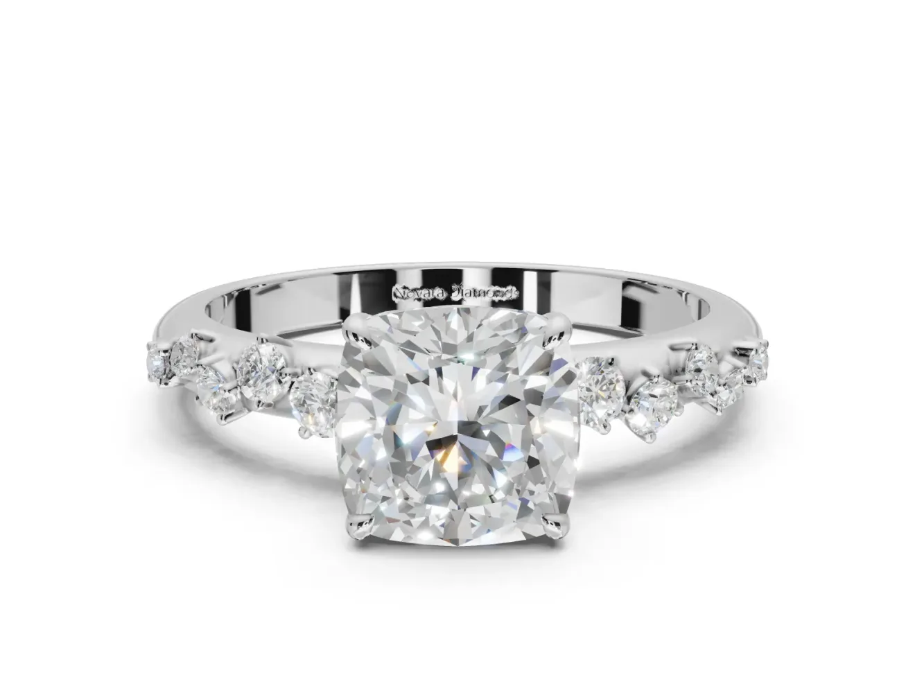 Cushion Cut Solitaire Engagement Ring Setting | Graduated Scattered Accents | White Gold