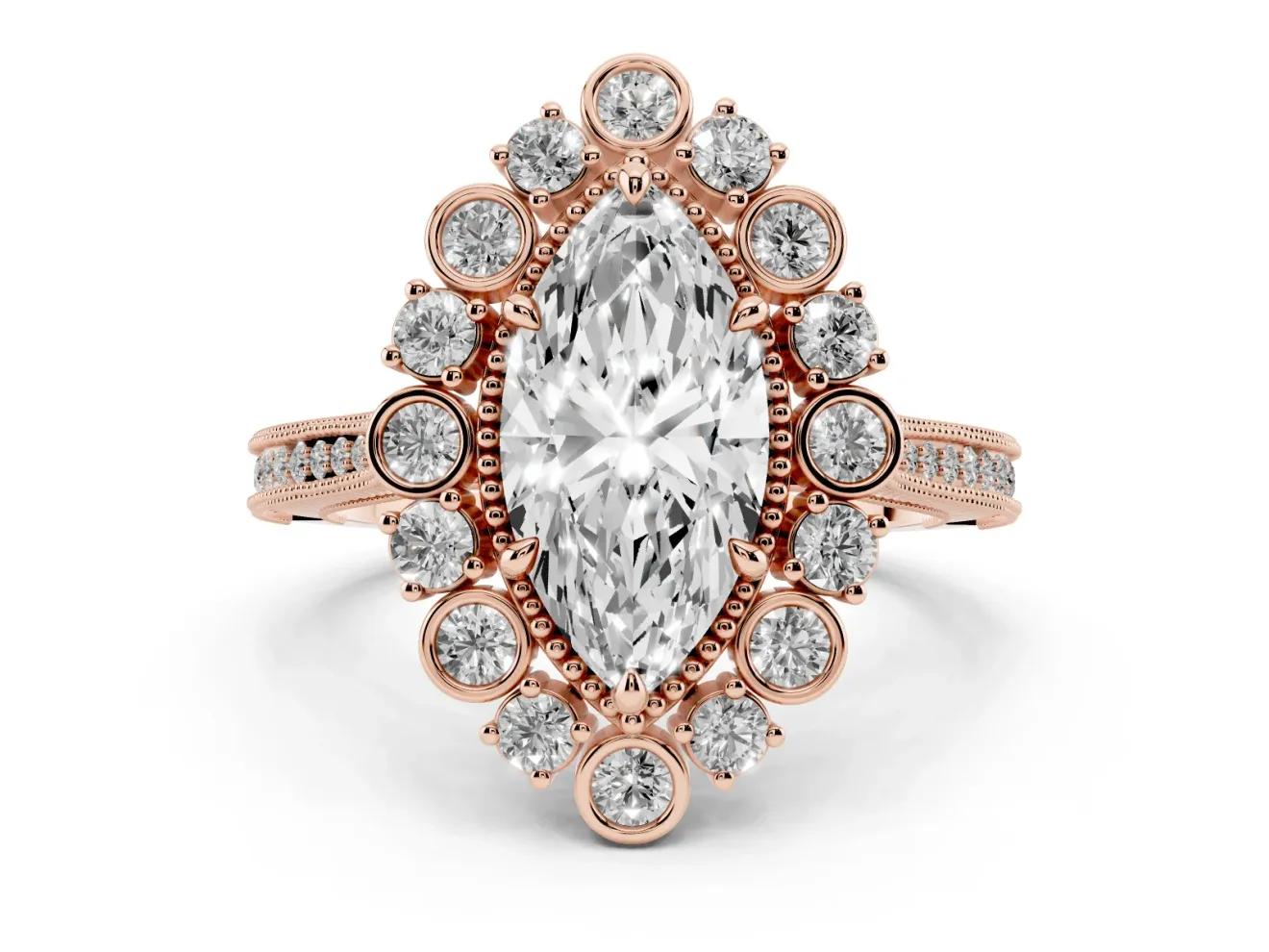 Marquise Cut Diamond Halo Milgrain Pavé Ring Set in Rose gold with Prong Setting