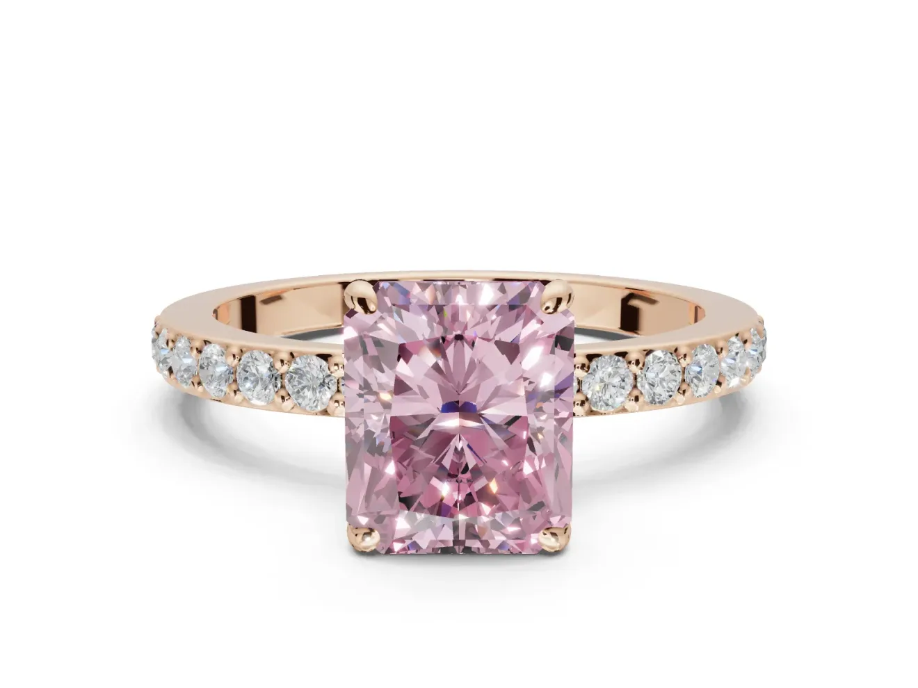 Radiant Cut Hidden Halo Engagement Ring Setting for a Fancy Pink Lab-Grown Diamond | Pavé Band | Rose Gold