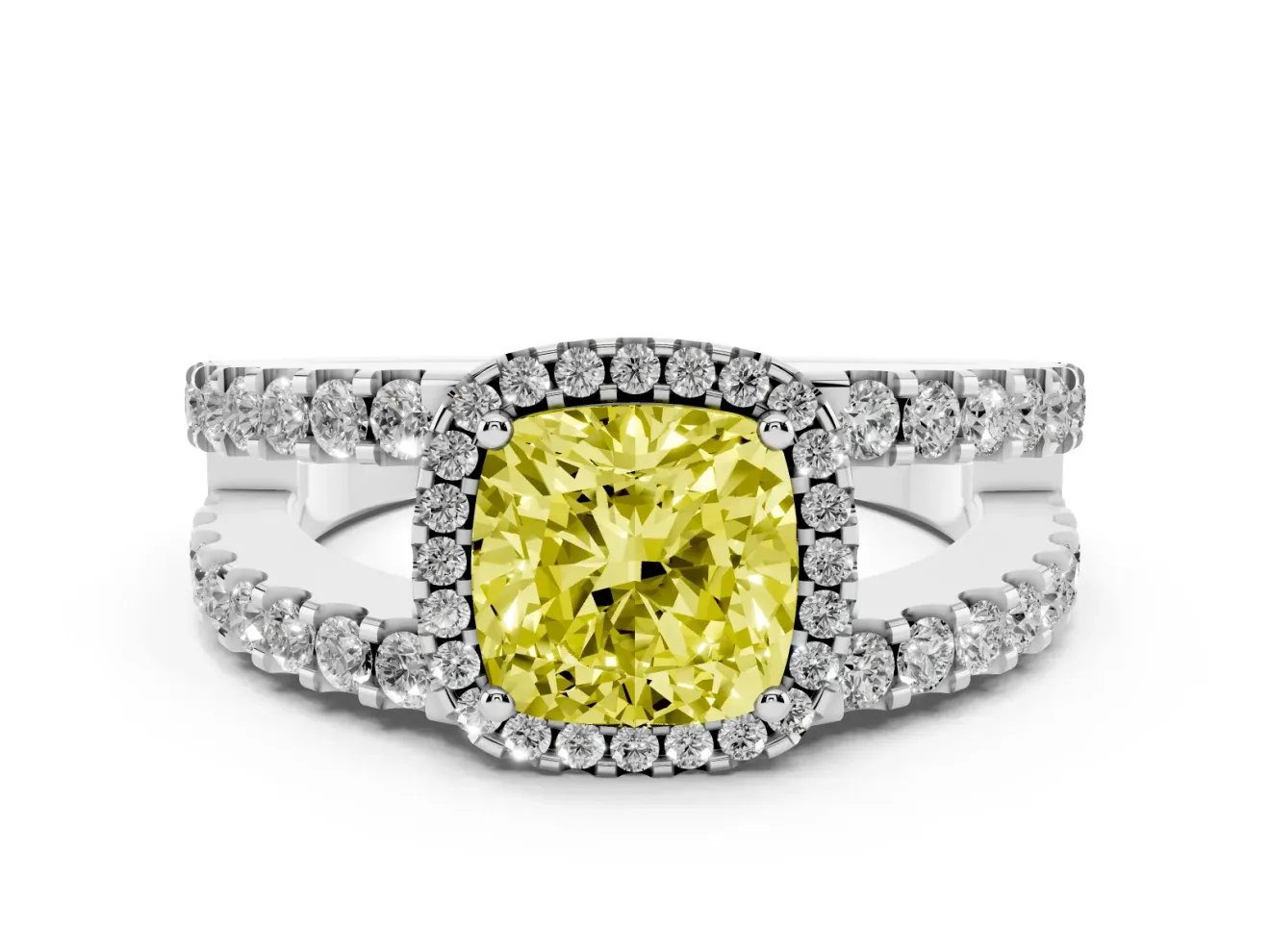 Fancy Yellow Cushion Cut Diamond Halo Ring Set in Platinum with Pavé Split Shank and Prong Setting