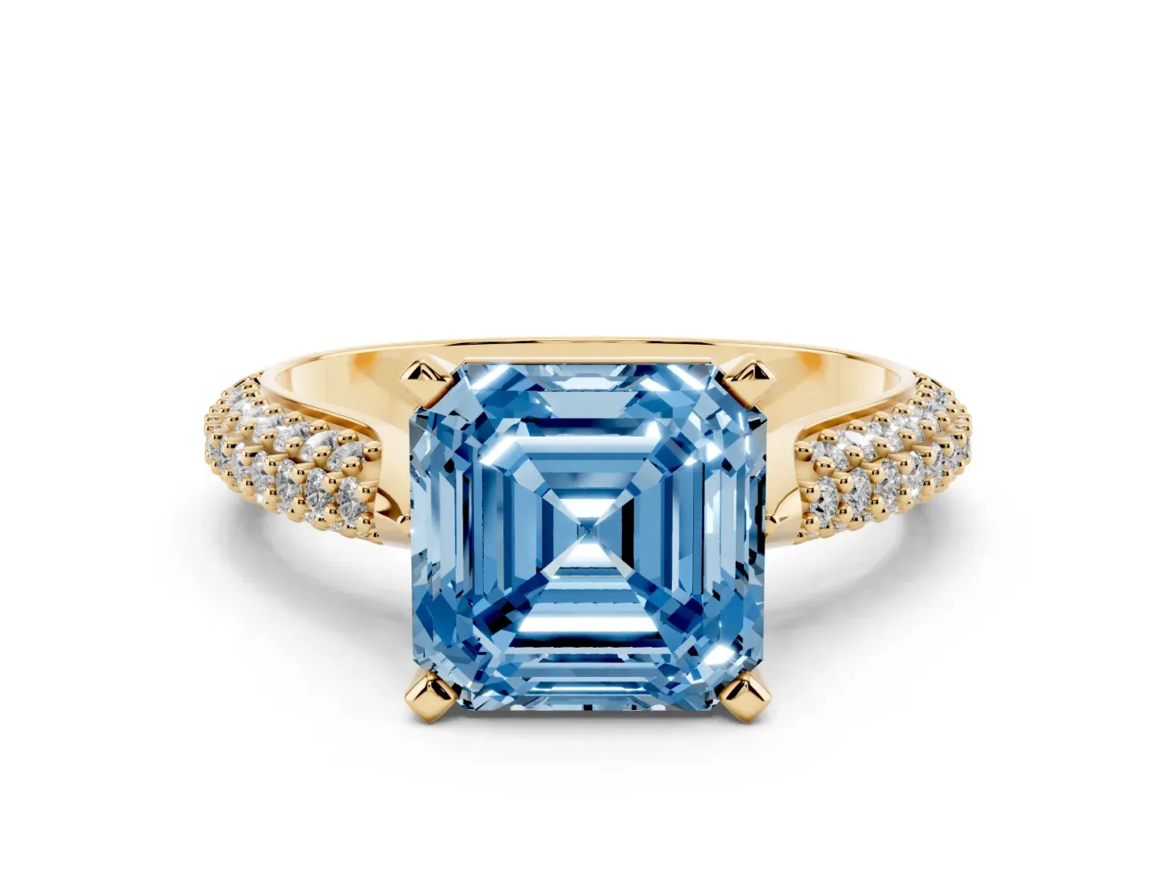 Fancy Blue Asscher Cut Diamond Solitaire Engagement Ring Set in Yellow gold with Multi-Row Round Pavé Band and Prong Setting