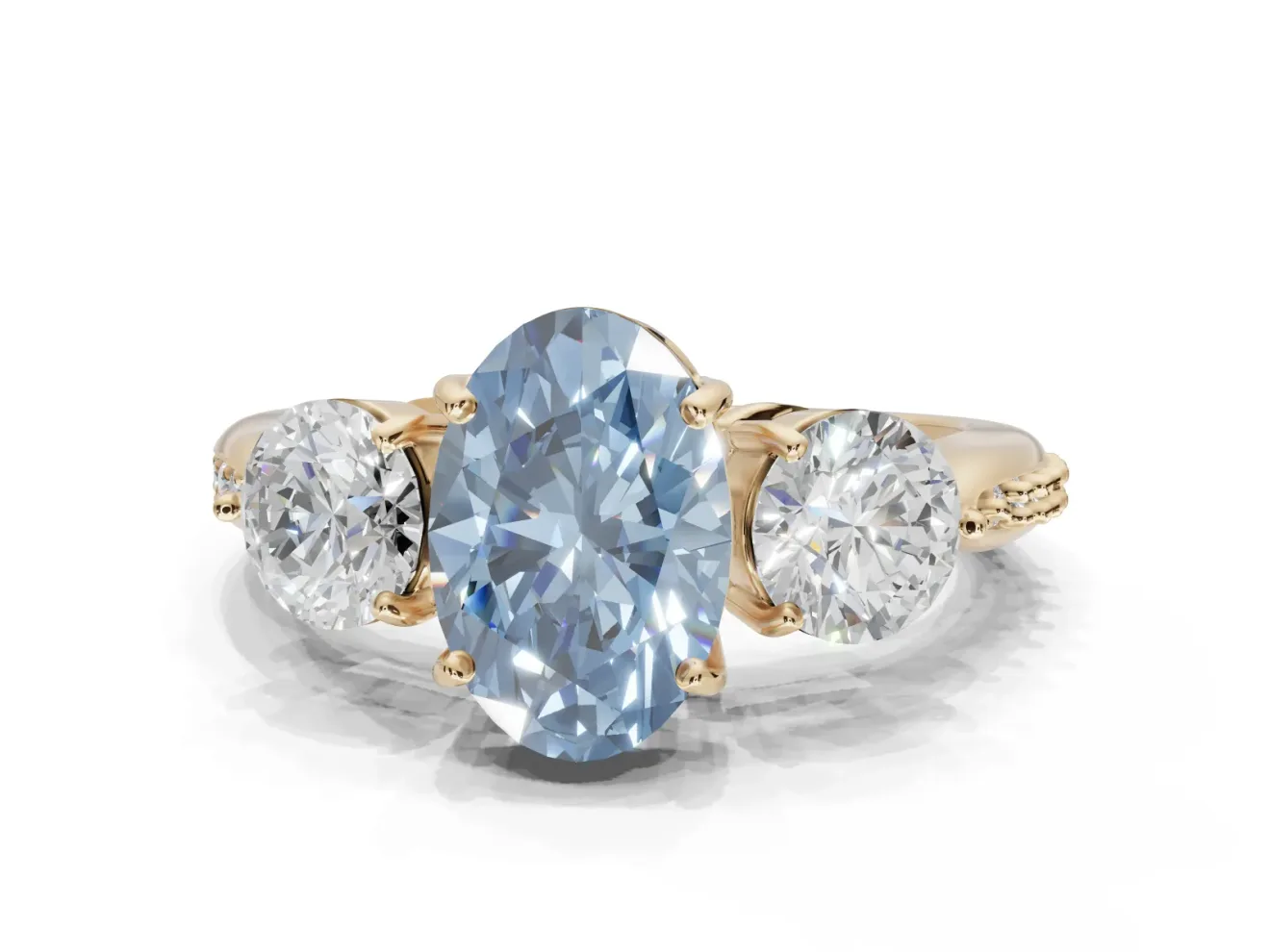 Oval Three Stone Engagement Ring Setting for a Fancy Blue Lab-Grown Diamond | Tapered Pave Band | Yellow Gold