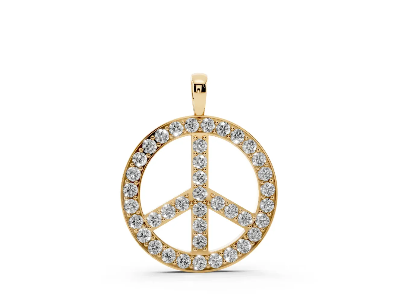 Round Lab-Grown Diamond Pavé Peace Sign Pendant Necklace | Shared Prongs | Yellow Gold