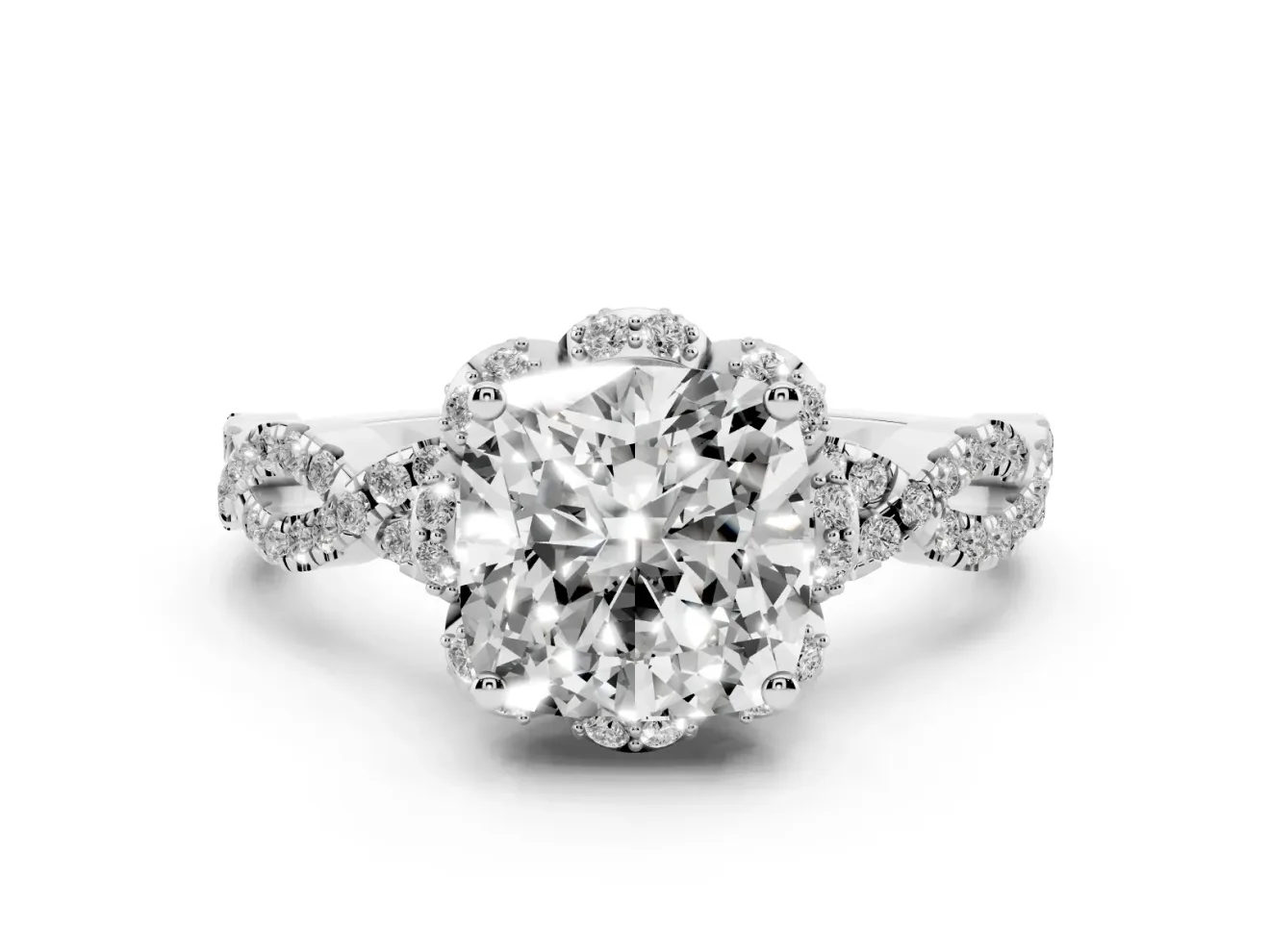 Cushion Cut Diamond Halo Twist Band Solitaire Ring Set in White gold with Prong-Set Center Stone
