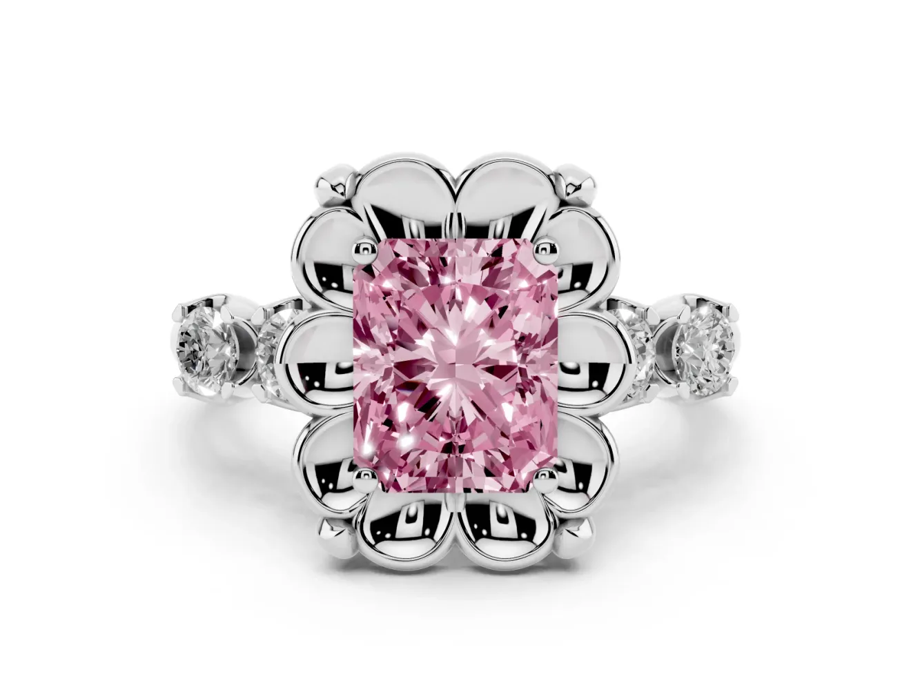 Fancy Pink Radiant Cut Diamond Floral Halo Ring Set in White gold with Shared Prong Band