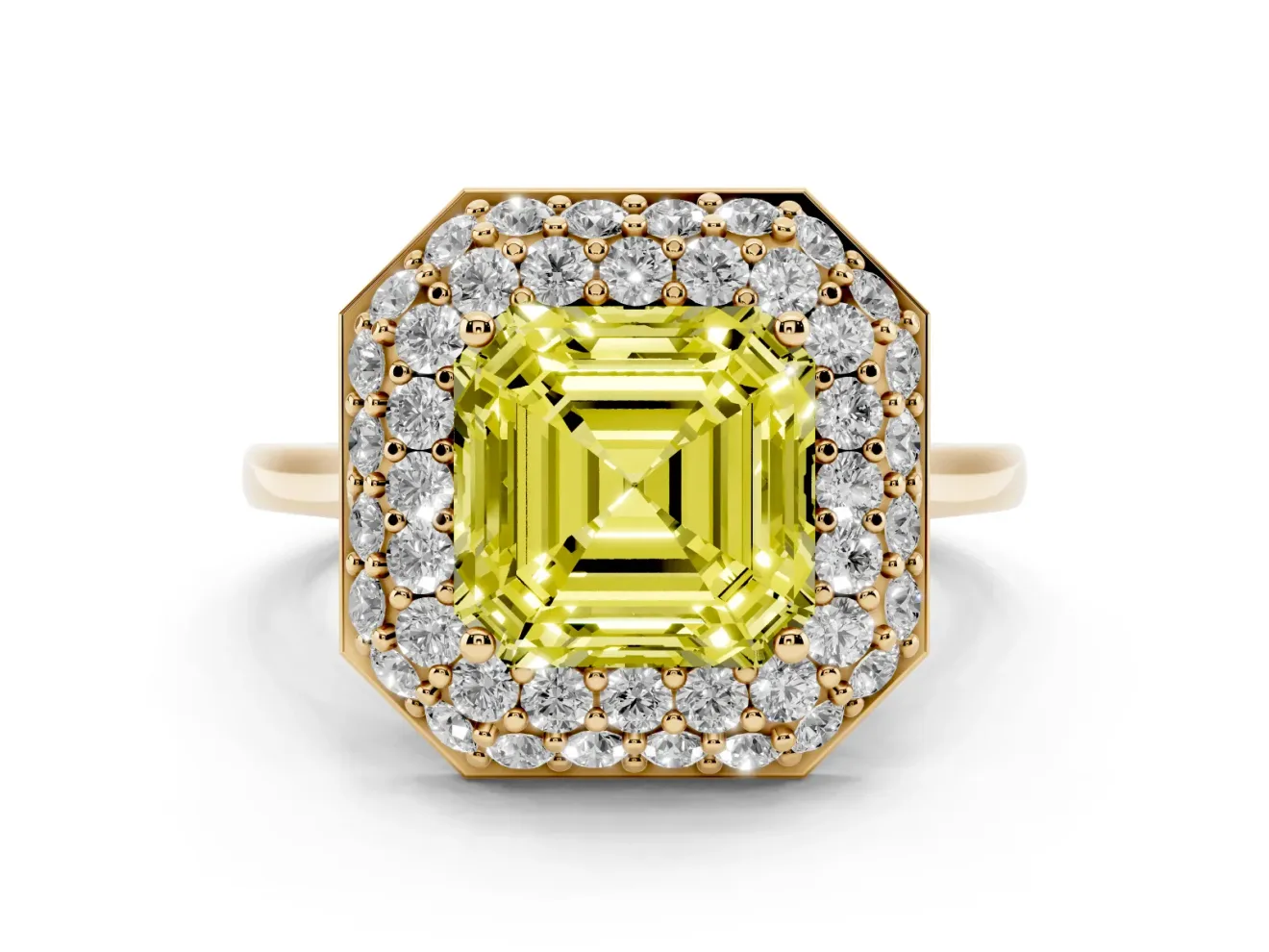Fancy Yellow Asscher Cut Diamond Halo Engagement Ring Set in Yellow gold with Solitaire Band and Prong Setting