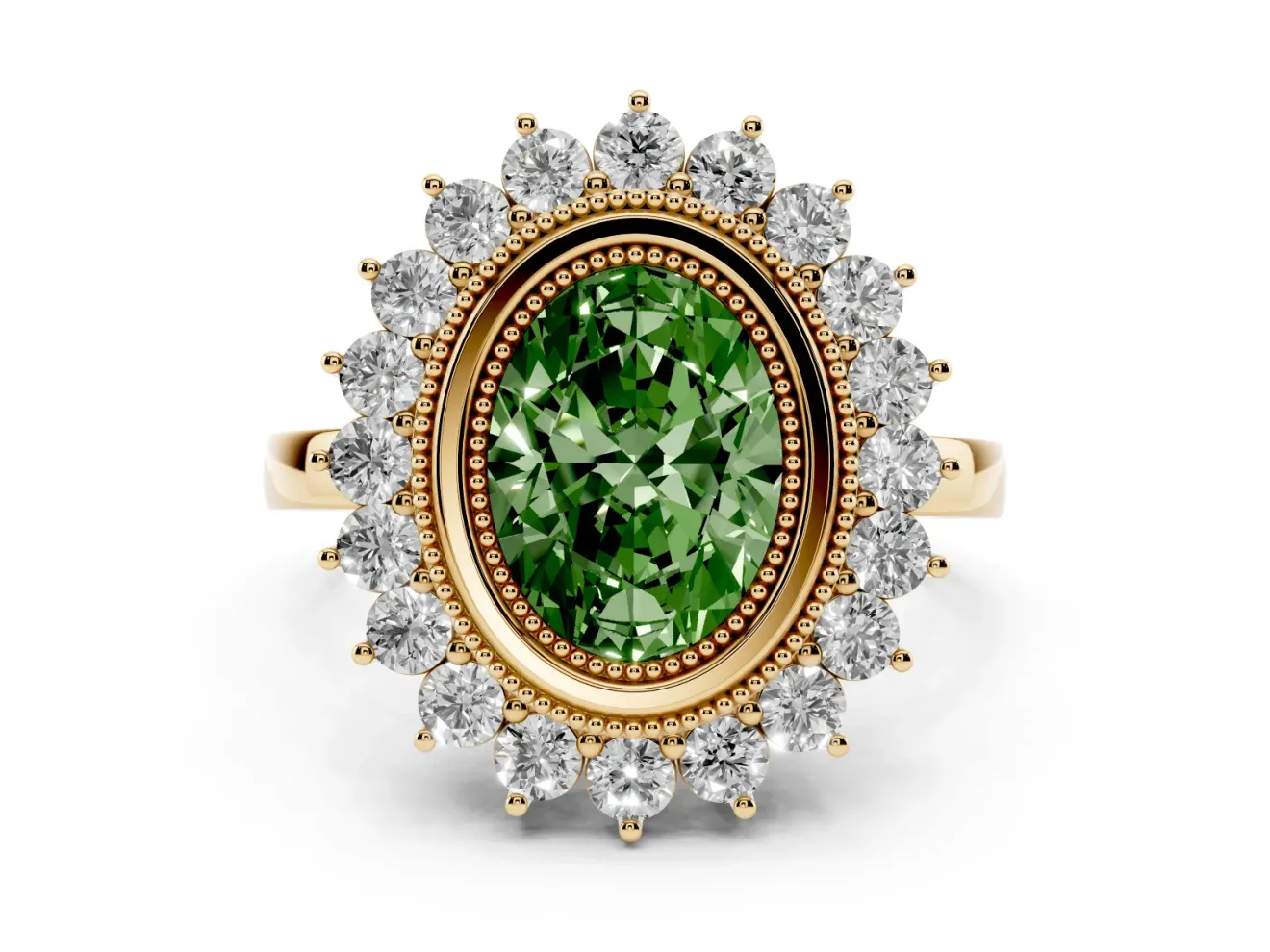 Fancy Green Oval Cut Diamond Halo Ring Set in Yellow gold with Milgrain Edge and Round Prong Setting