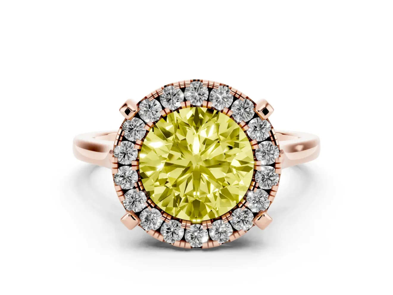 Round Halo Engagement Ring Setting for a Fancy Yellow Lab-Grown Diamond | Claw Corners | Rose Gold