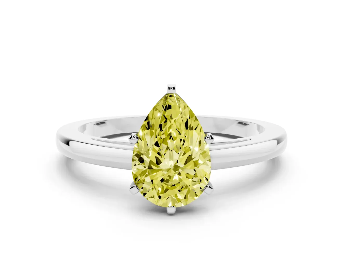 Fancy Yellow Pear Cut Diamond Solitaire Engagement Ring Set in Silver with Prong Setting on a Classic Band