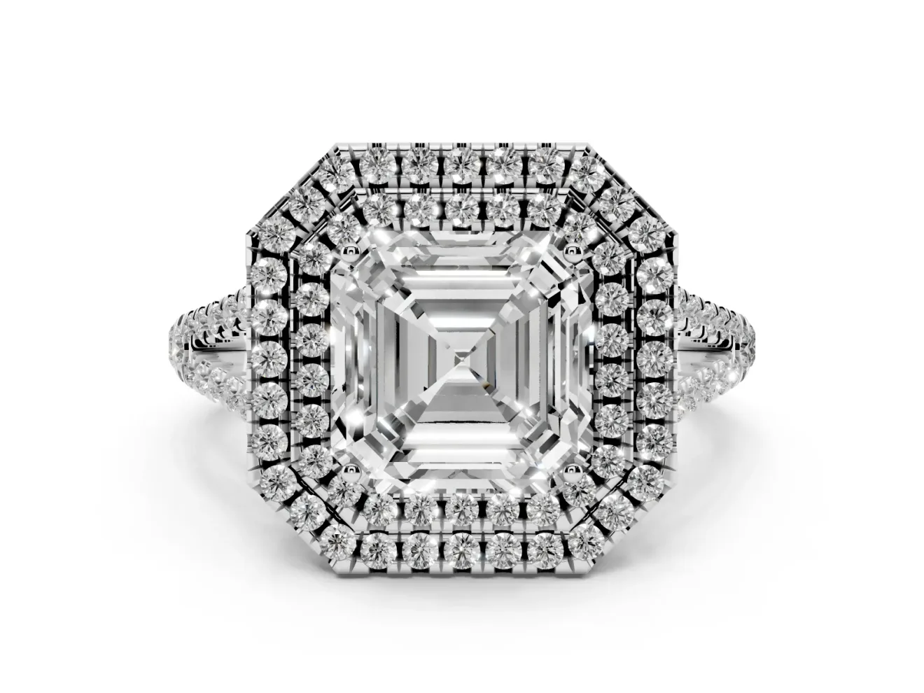 Asscher Cut Double Halo Split Shank Engagement Ring Setting | Pavé Shoulders | Platinum