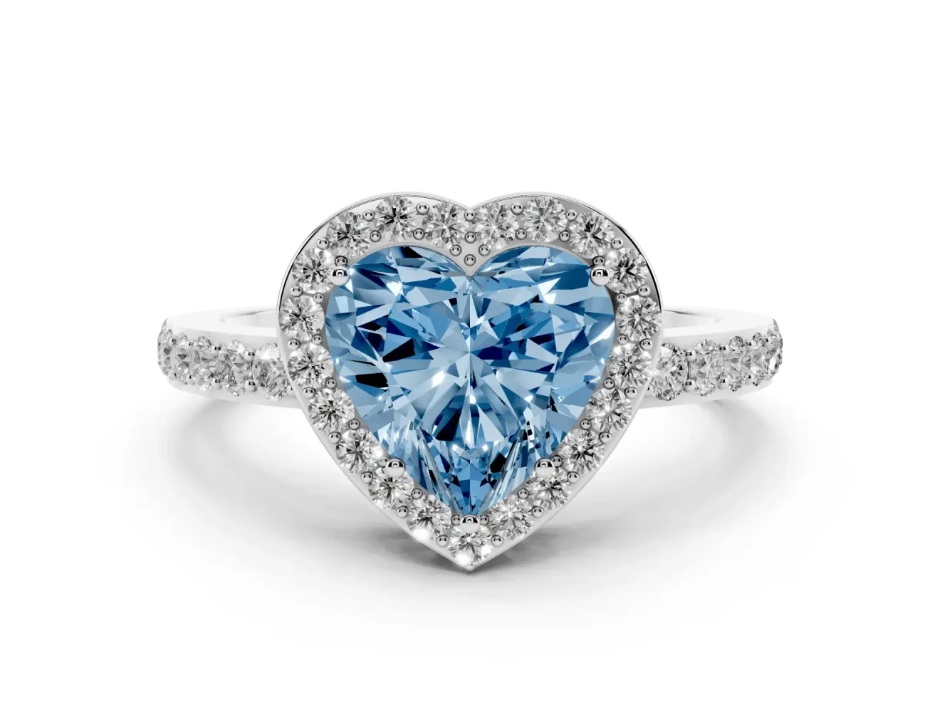 Fancy Blue Heart Cut Diamond Halo Ring Set in Platinum with Pavé-Setting Band and Open Prong Center