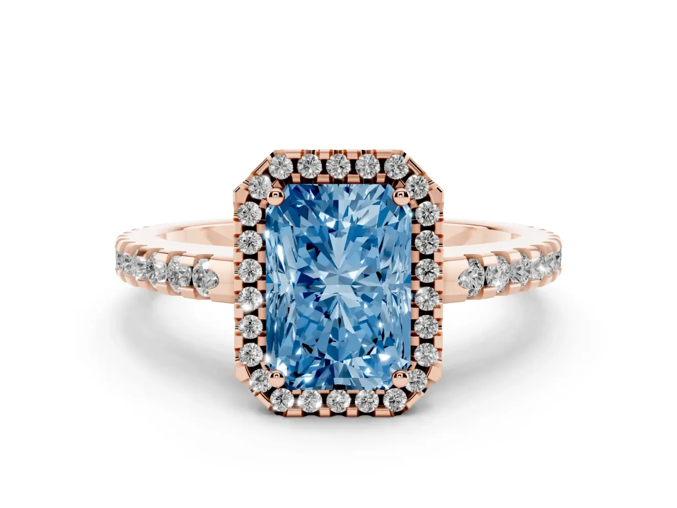 Radiant Cut Pave Halo Engagement Ring Setting for a Fancy Blue Lab-Grown Diamond | Rose Gold